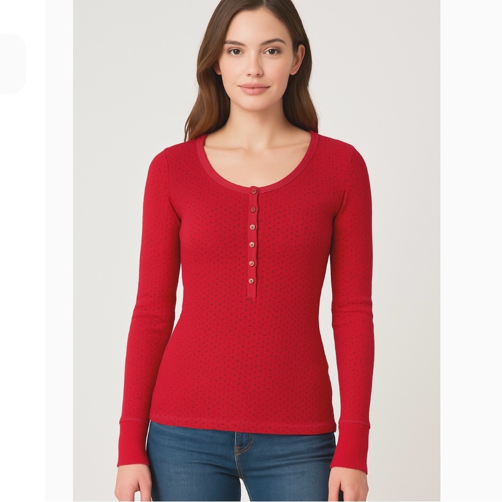 Esprit Vintage Y2K Red Waffle‑Knit Thermal Henley Top Long Sleeve Size M